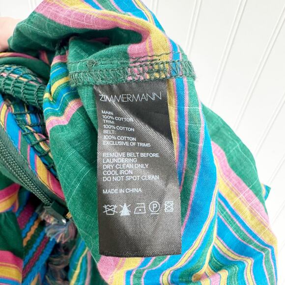 Zimmermann Allia Ruffled Striped Cotton Maxi Dress Green Tiered Boho Large - Picture 7 of 9